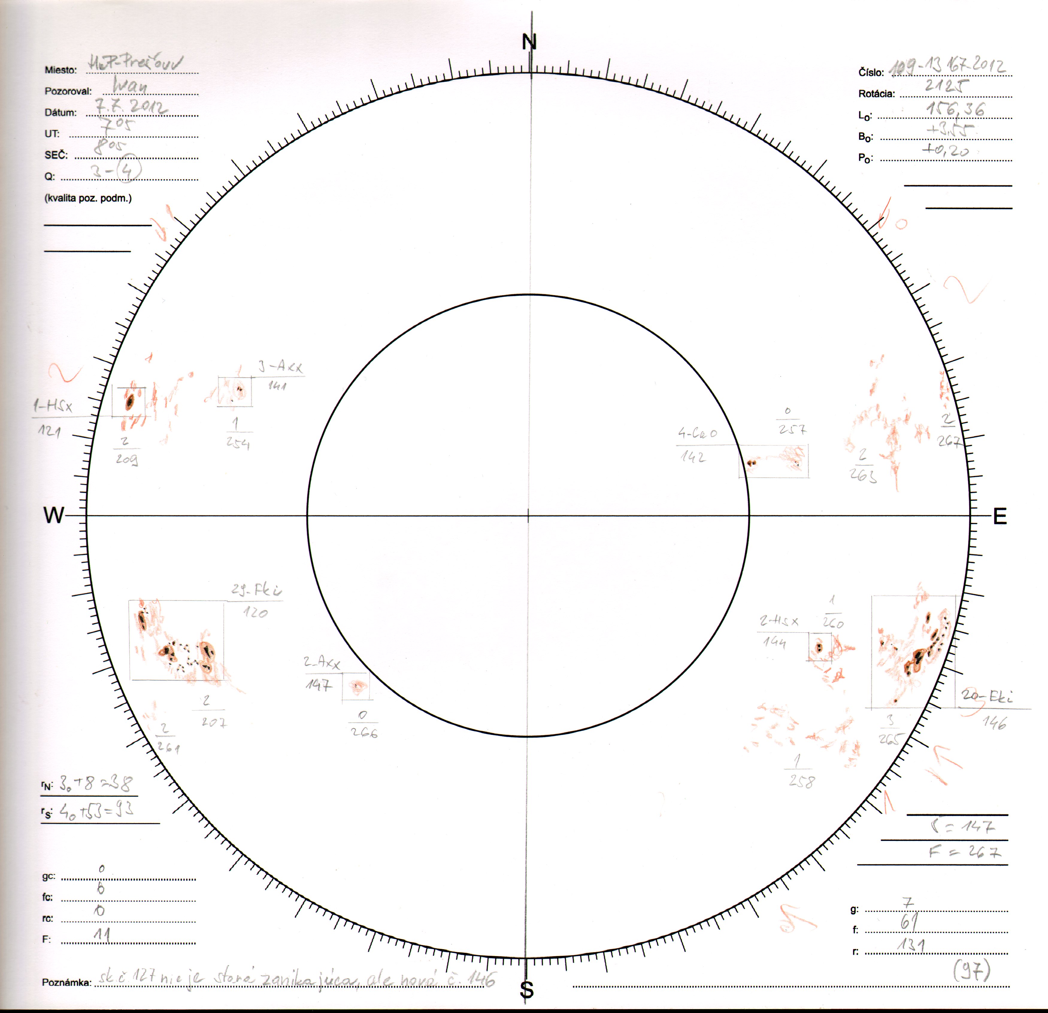 Obrázok zákresu Slnka na deň 07.07.2012