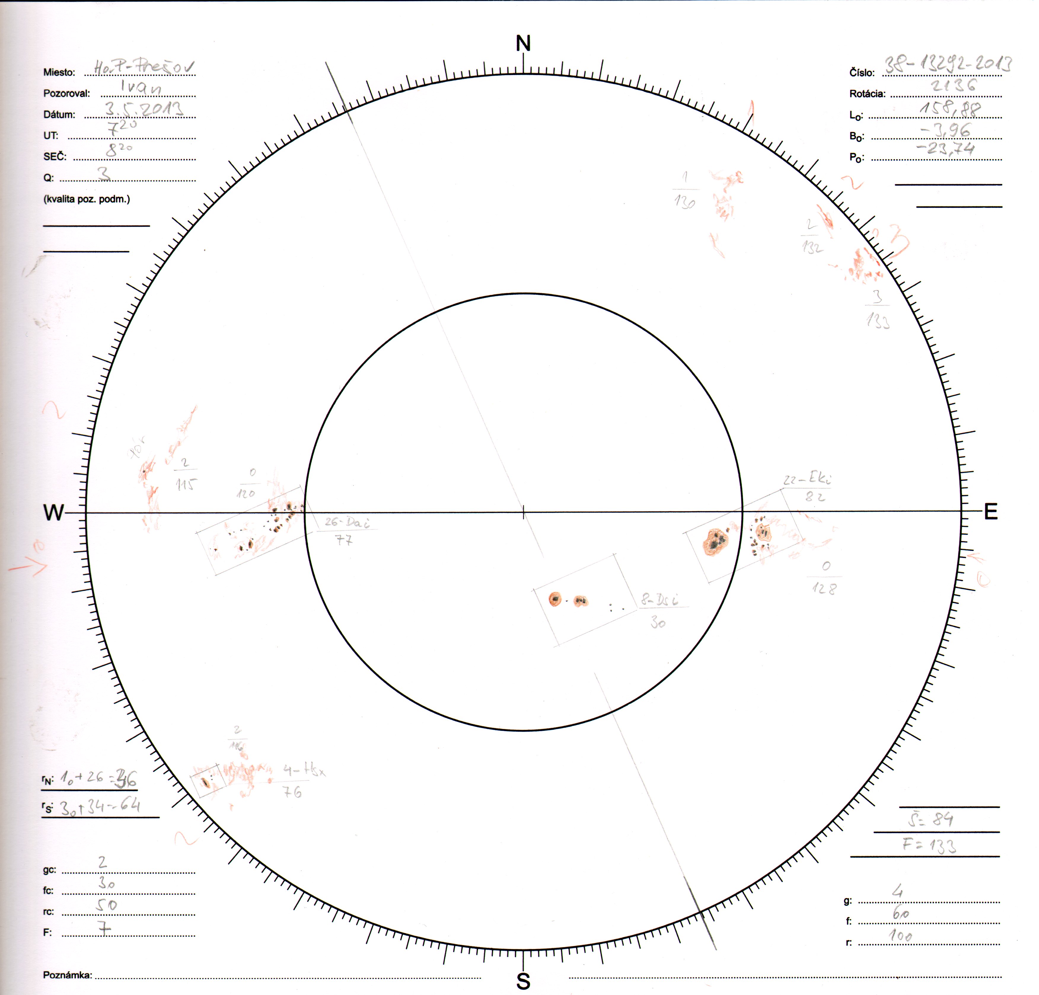 Obrázok zákresu Slnka na deň 03.05.2013