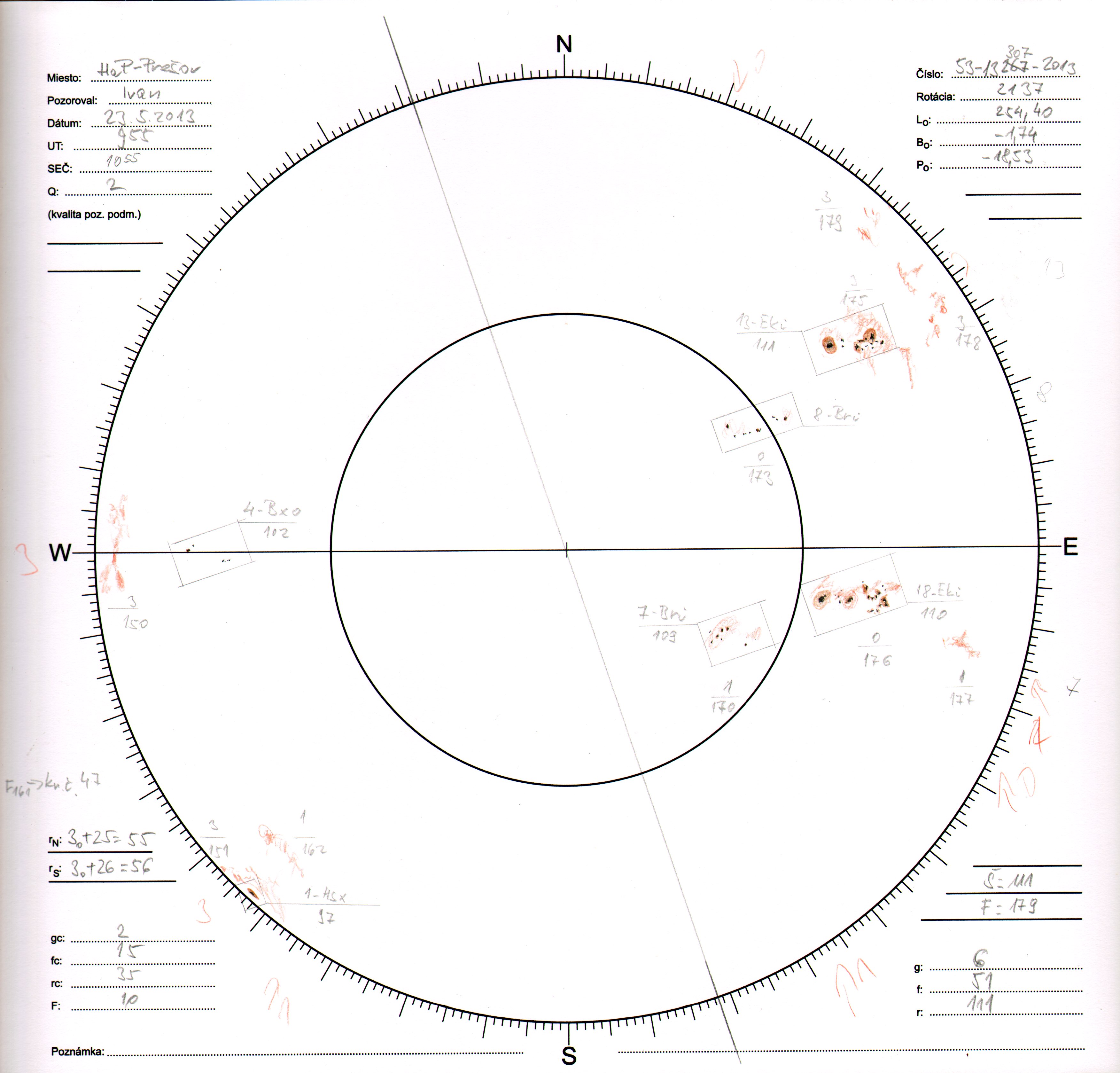 Obrázok zákresu Slnka na deň 23.05.2013