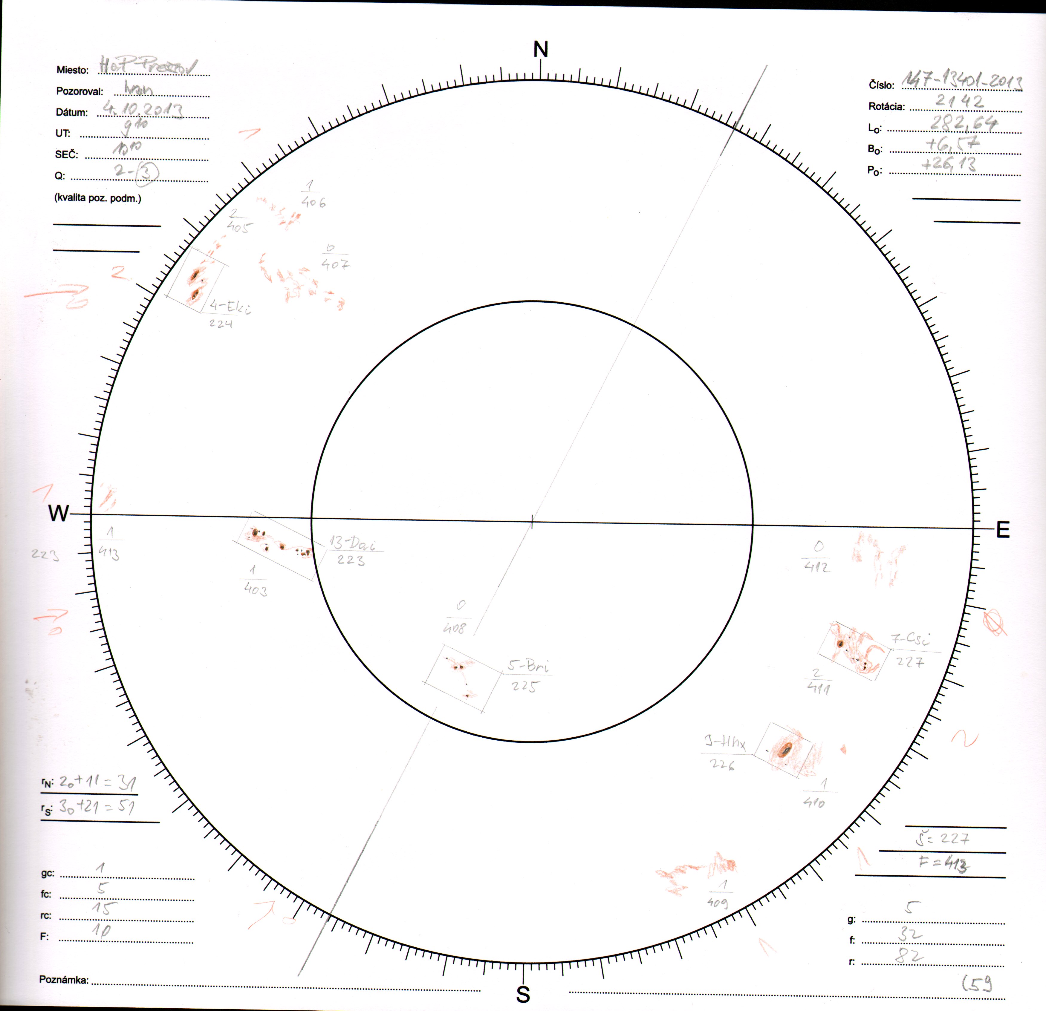 Obrázok zákresu Slnka na deň 04.10.2013