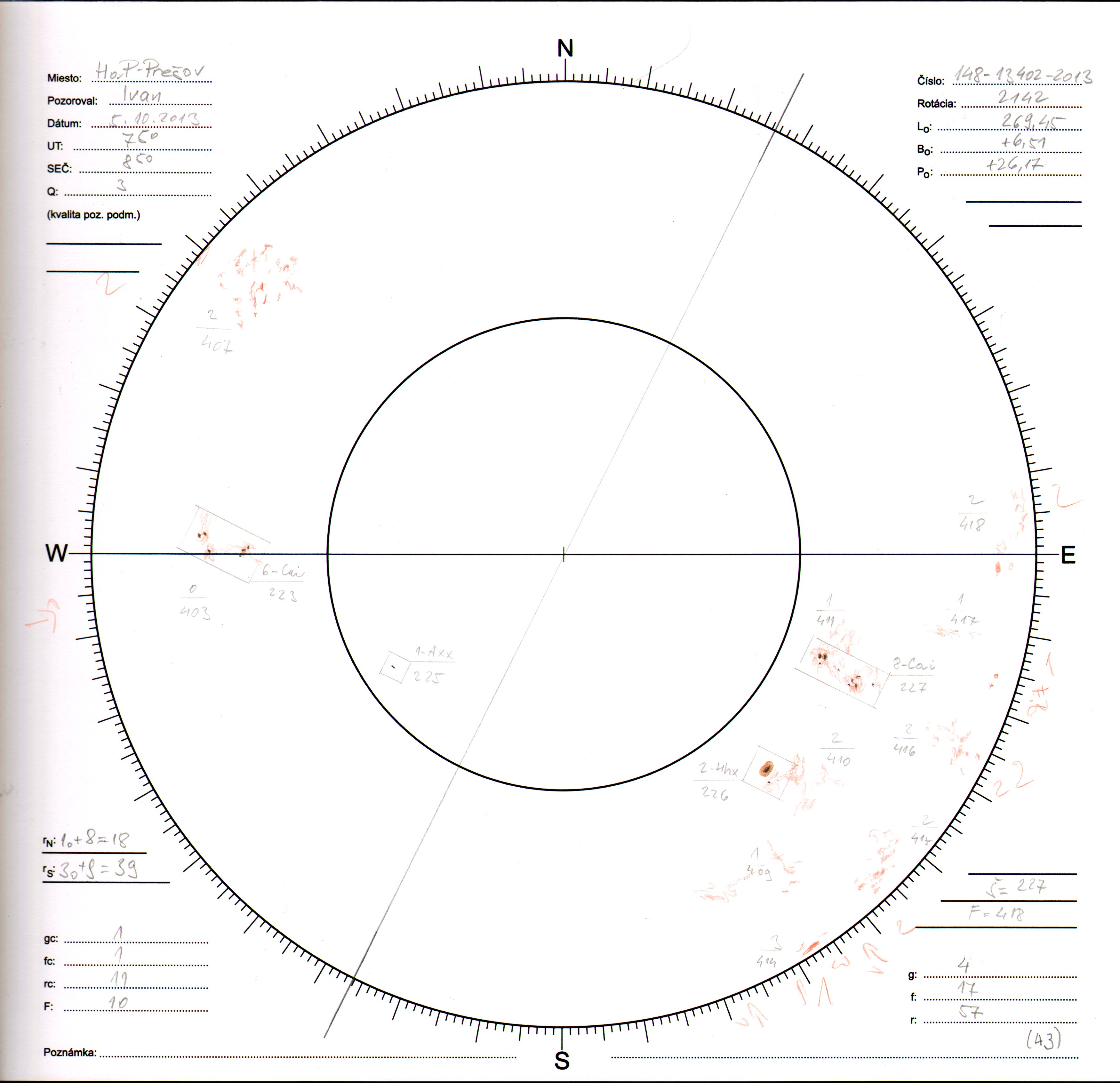 Obrázok zákresu Slnka na deň 05.10.2013